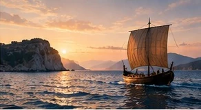 Barco à vela antigo navegando junto a uma costa rochosa