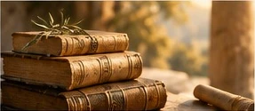 Livros antigos empilhados com um ramo de oliveira