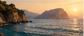 Costa rochosa e mar ao pôr do sol