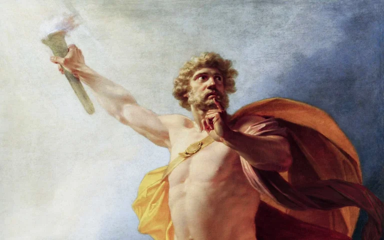 Pintura de Prometeu erguendo uma tocha acesa, trazendo o fogo aos seres humanos
