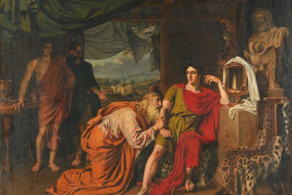 Pintura de Príamo ajoelhado diante de Aquiles, pedindo o corpo de seu filho Heitor