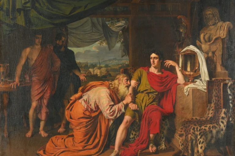 Pintura de Príamo ajoelhado diante de Aquiles, pedindo o corpo de seu filho Heitor