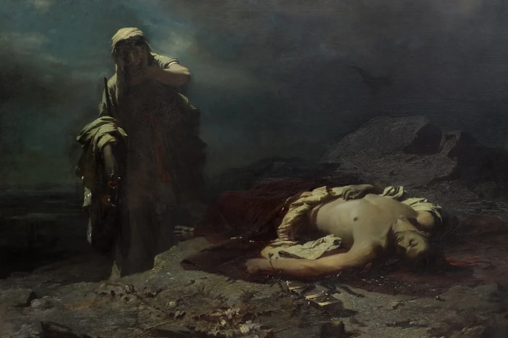 Pintura noturna de Antígona, envolta em manto escuro, diante do corpo de Polinices estendido no chão