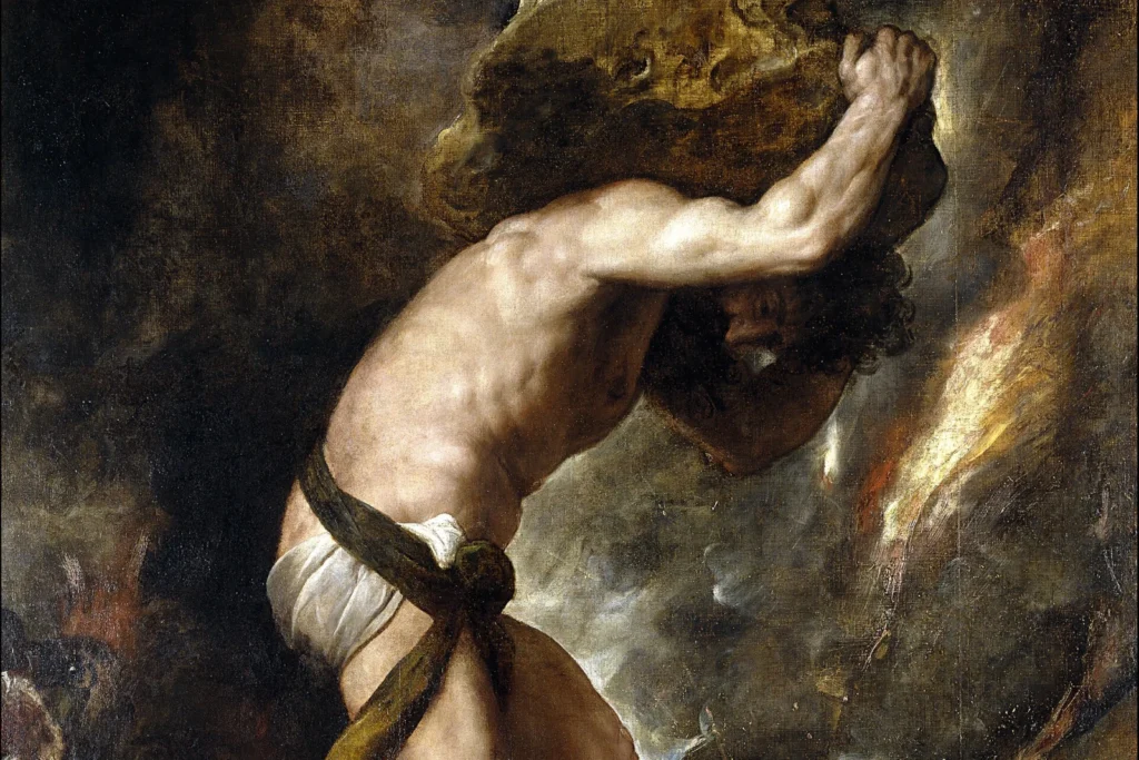 Pintura de Sísifo curvado sob o peso de uma enorme pedra que carrega sobre os ombros