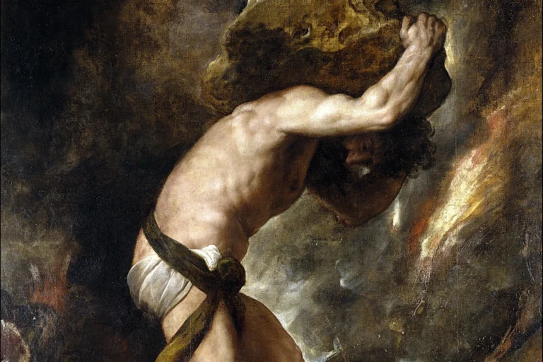 Pintura de Sísifo curvado sob o peso de uma enorme pedra que carrega sobre os ombros